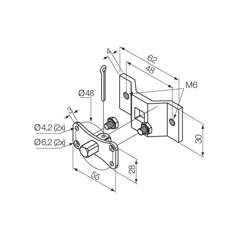 Kit patte de support et pivot carré 10 mm avec trous M6