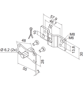 schéma dimensions et assemblage kit pivot carré 10 mm avec étrier